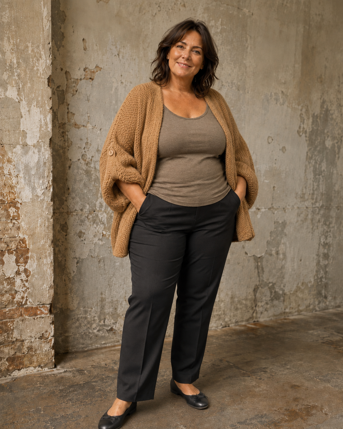 Mona plussize cardigan i chunky strik, stylet i et afslappet look mod en rå, rustik baggrund.
billed er ai generet