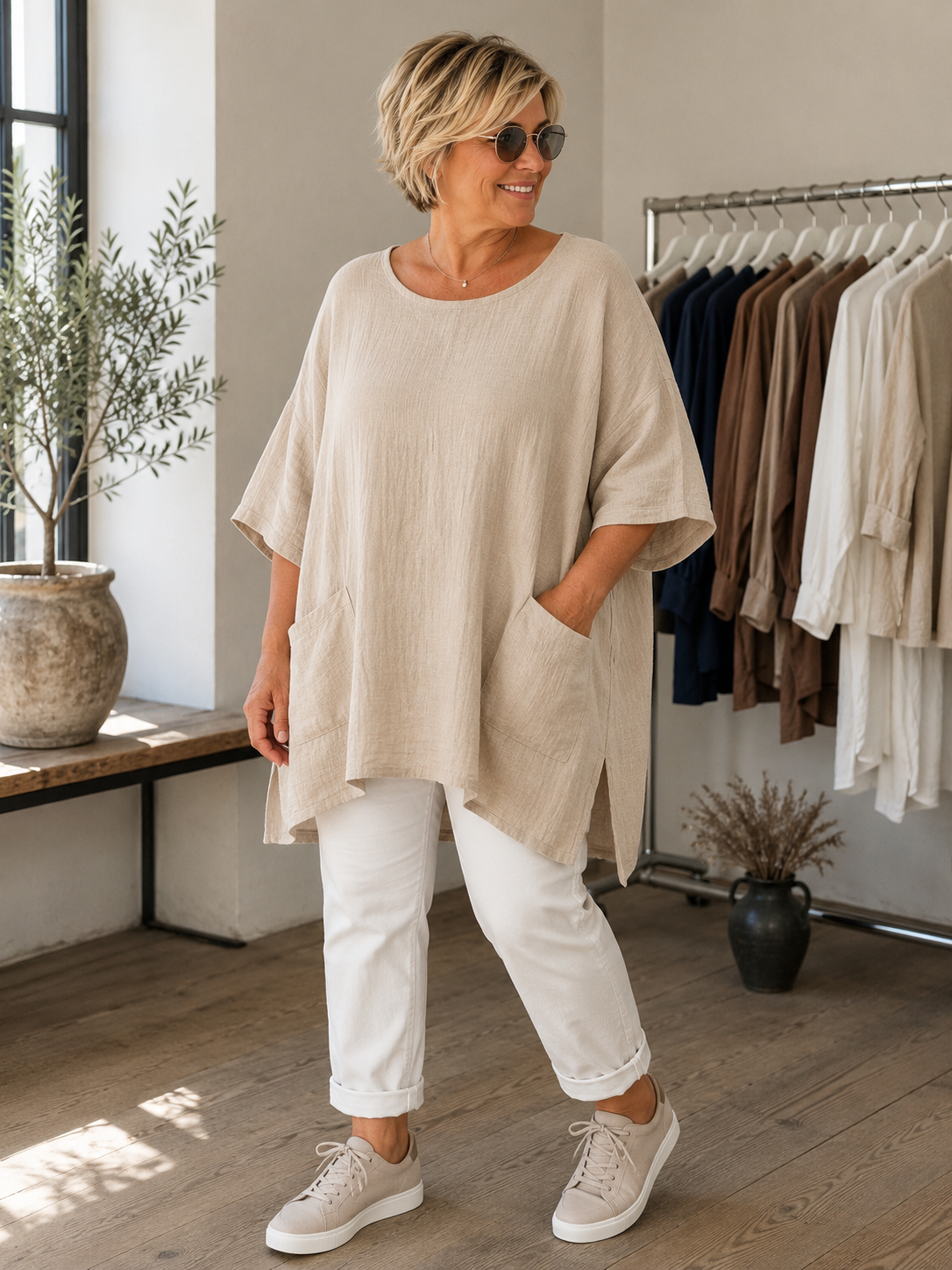 **Alt-tekst – Susanne plussize bomuldstunika (AI-genereret billede):**

AI-genereret billede af en smilende plus-size model iført Susanne bomuldstunika i mørk brun. Tunikaen har en løs, oversize pasform med rund hals, korte brede ærmer og store påsyede lommer foran. Den er stylet med rustfarvede bukser og komfortable sko i et råt industrielt miljø, som fremhæver tunikaens afslappede og moderne udtryk. Ideel til kvinder, der ønsker komfort, bevægelsesfrihed og et stilfuldt hverdagslook.
